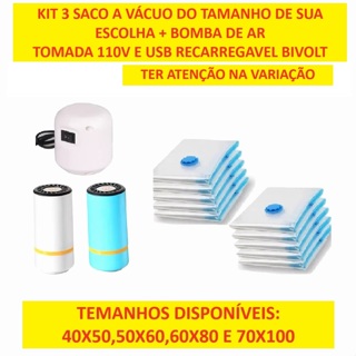KIT 3 Saco A Vácuo E Bomba 110V De Ar Elétrica Ou USB 60x80 70x100 Para Armazenar Guarda De Maneira em Oferta na Shopee