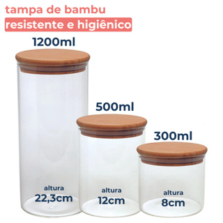 Conjunto 3 Potes Vidro Hermético Porta Mantimentos Com Tampa Bambu 1,2L 500ml 300ML em Oferta na Shopee