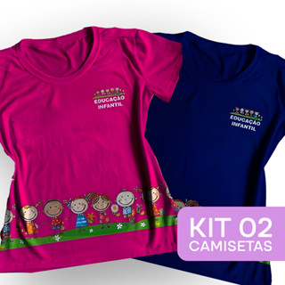 Kit 2 T-shirt Blusa Feminina Baby Look Educação Infantil Azul+Pink