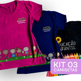 Kit Professora Educação Infantil 3 Tshirt Blusa Feminina Baby Look Educação Infantil Pink+Azul+Preto em Oferta na Shopee