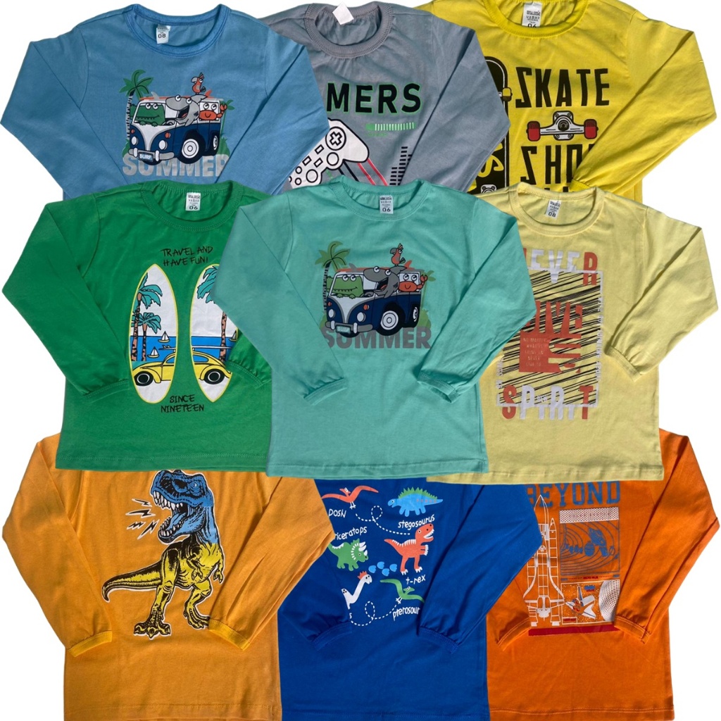 Kit 3 Camisetas Infantil Sortidos Desenho Manga Longa Menino Inverno 2 à 8 Anos