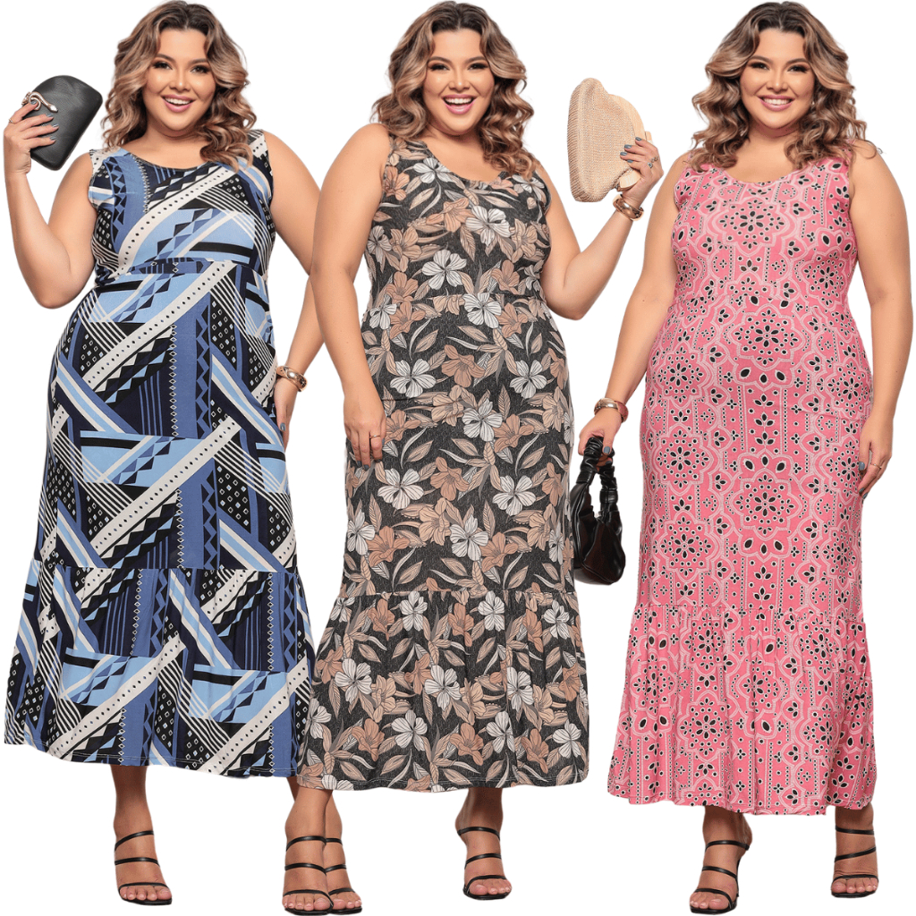 Kit 3 Vestido Longo Feminino Plus Size Soltinho Elegante Confortável veste até 48
