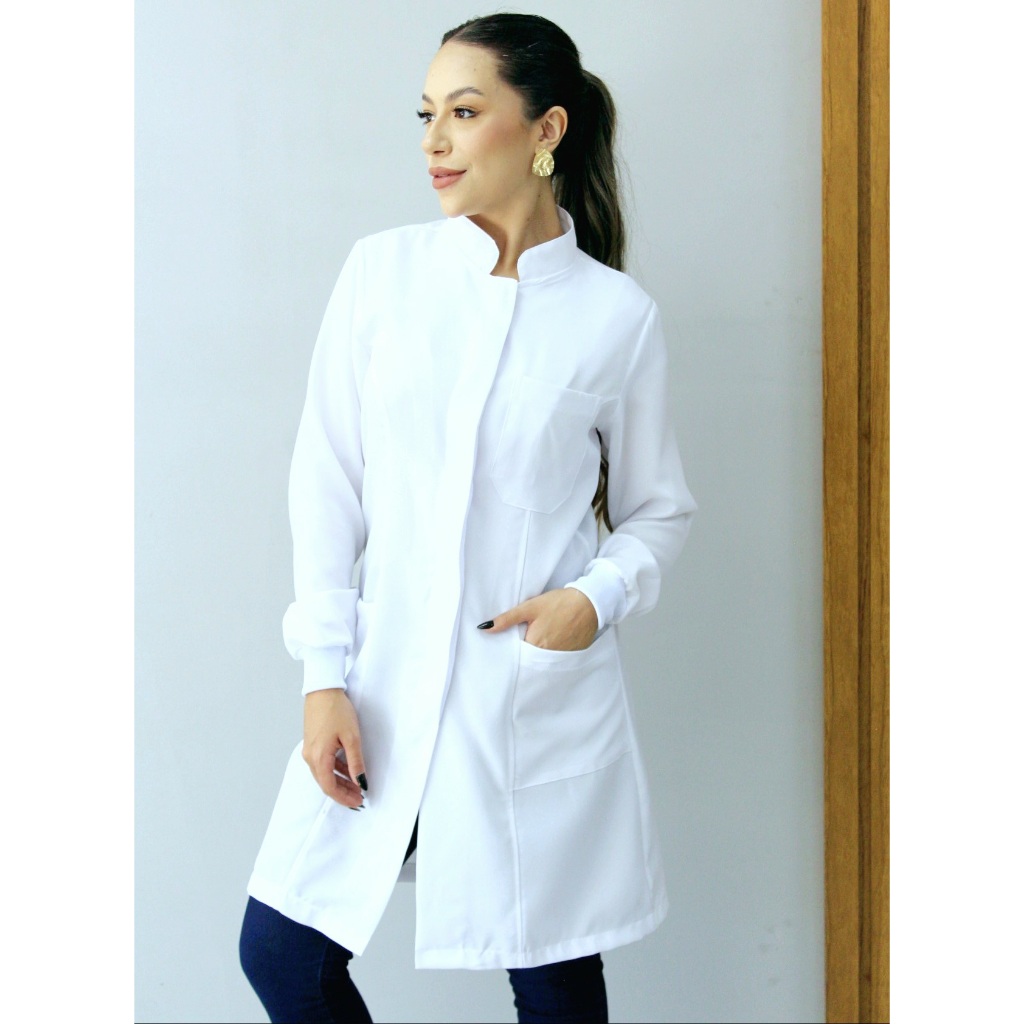 Jaleco Feminino Oxford Branco, Botão Embutido, Gola Padre, Elástico Punho, Acinturado, Manga Longa