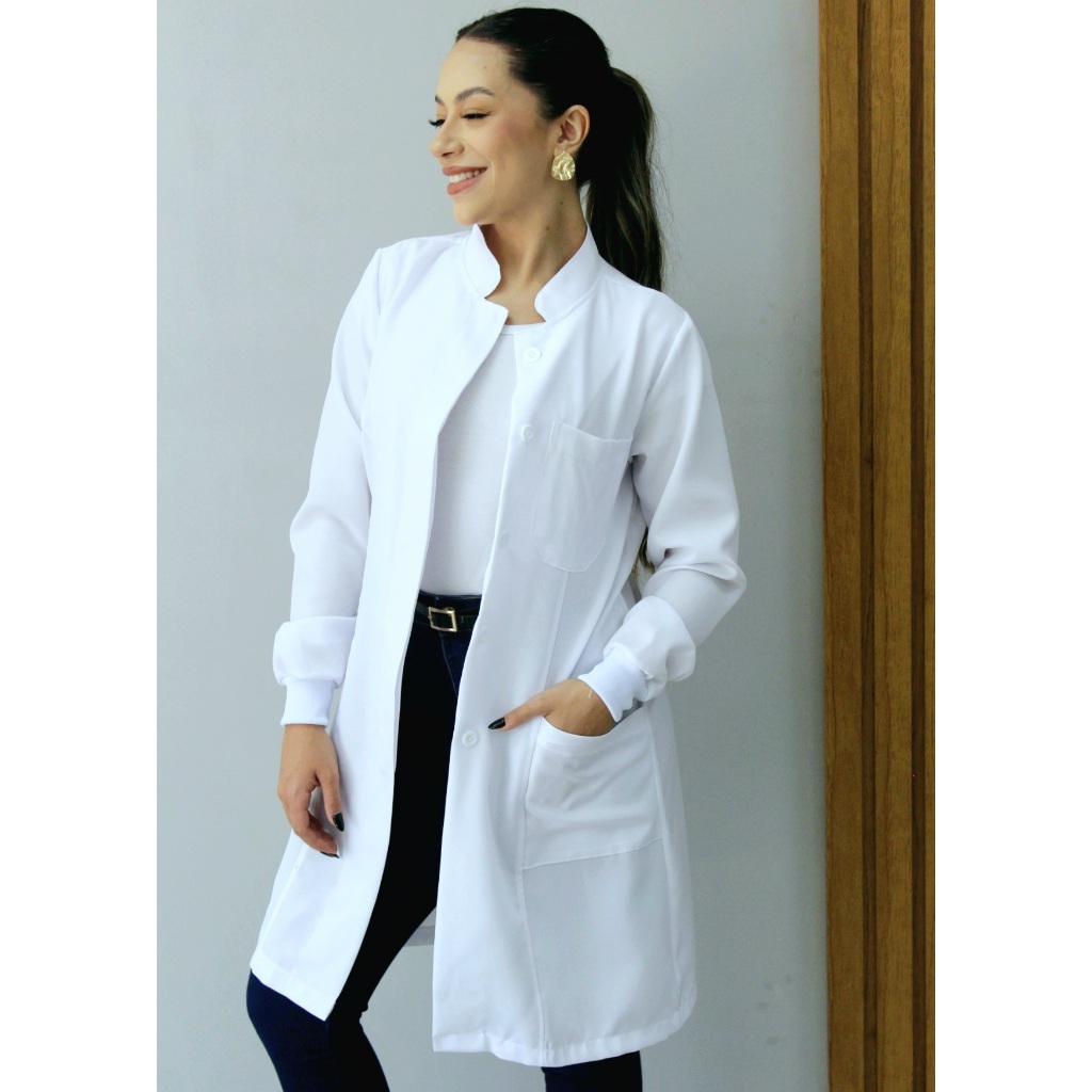 Kit 2 Jalecos Feminino Oxford Branco, Botão Embutido, Gola Padre, Manga Longa, Com Punho, Acinturado