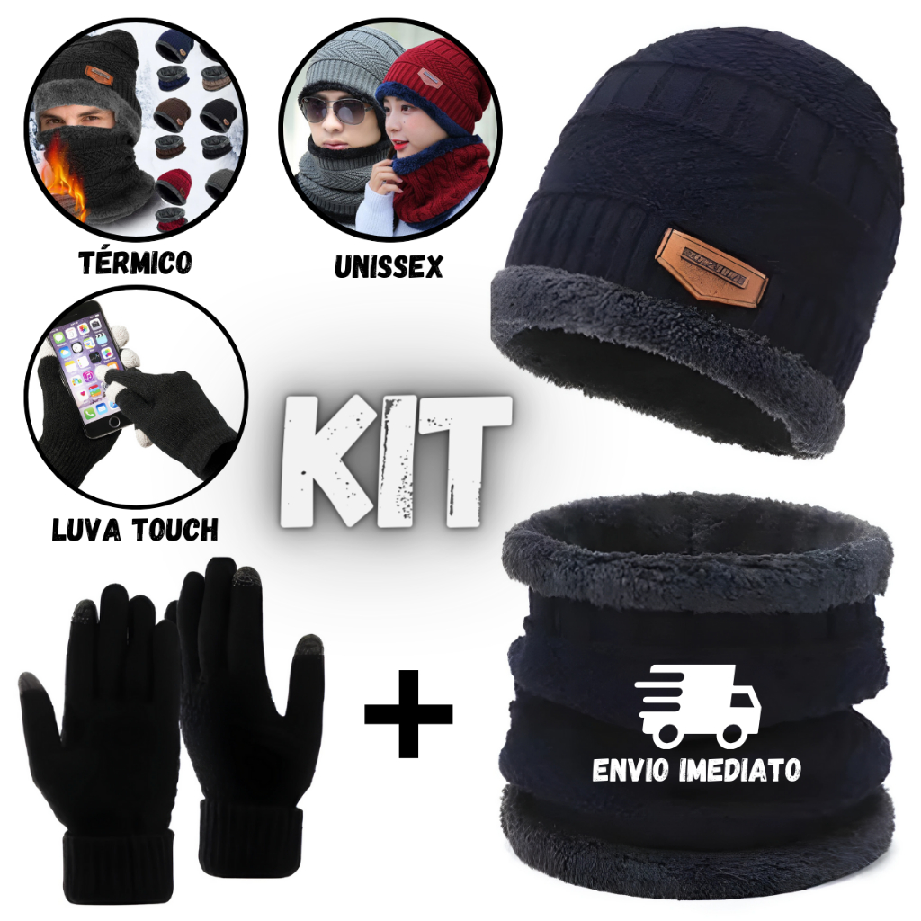 Conjunto Touca Gorro Cachecol Flexível Luva Touch + Quente Para Inverno Masculino Mulheres