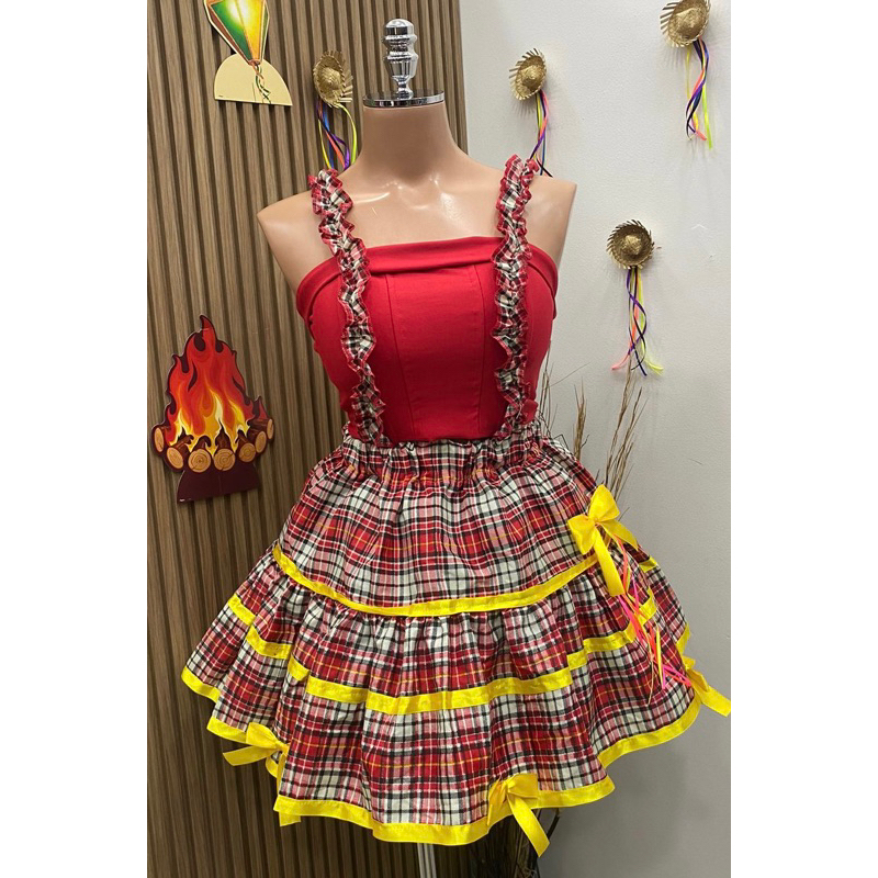 Saia com alças junina caipira xadrez ADULTO - VERMELHO/AMARELO