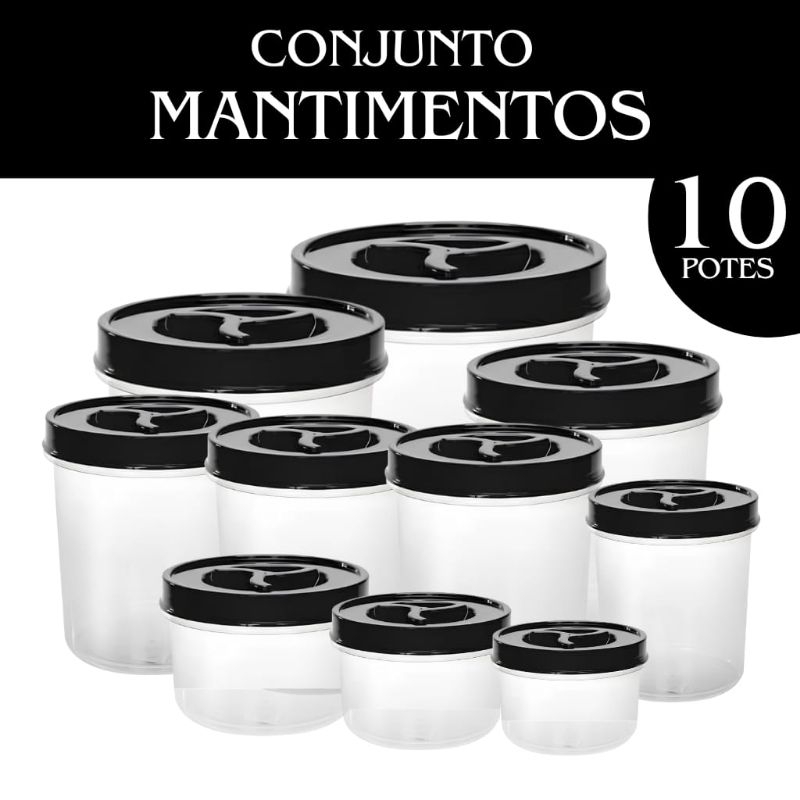 Kit 10 Potes Mantimentos Litros Baixos PMG Transparente Preto Tampa Rosca