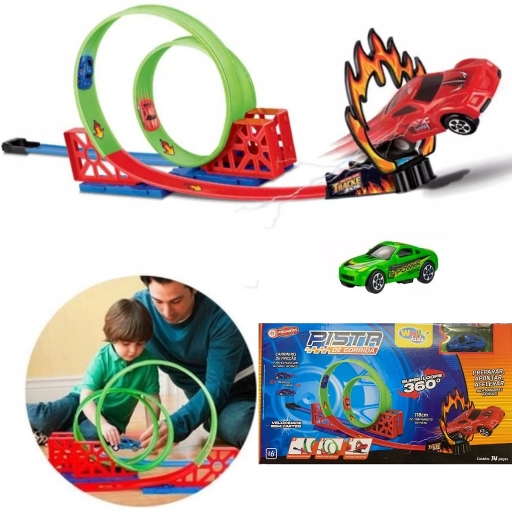 BRINQUEDO PISTA COM LOOP DUPLO 360 CARRO VELOCIDADE 14 PÇS DE MONTAR CORRIDA 118CM DE PISTA