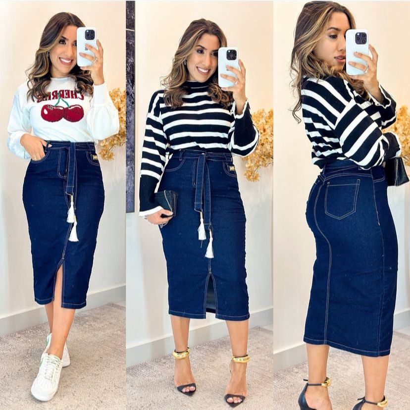 Saia Jeans MIDI com cinto