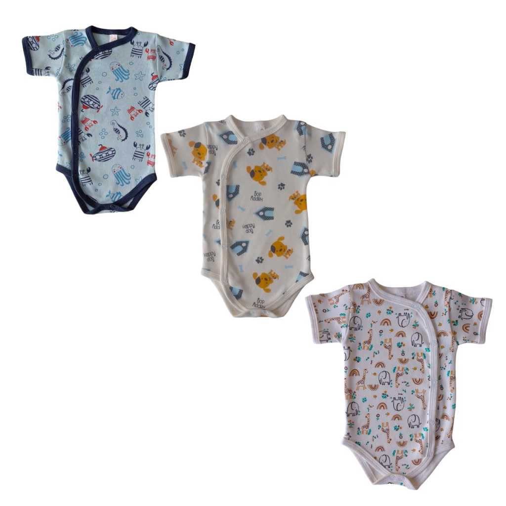 KIT 3 PEÇAS - BODY KIMONO MANGA CURTA ESTAMPADO ALGODÃO SUEDINE ROUPA MENINA MENINO ENXOVAL BEBÊ