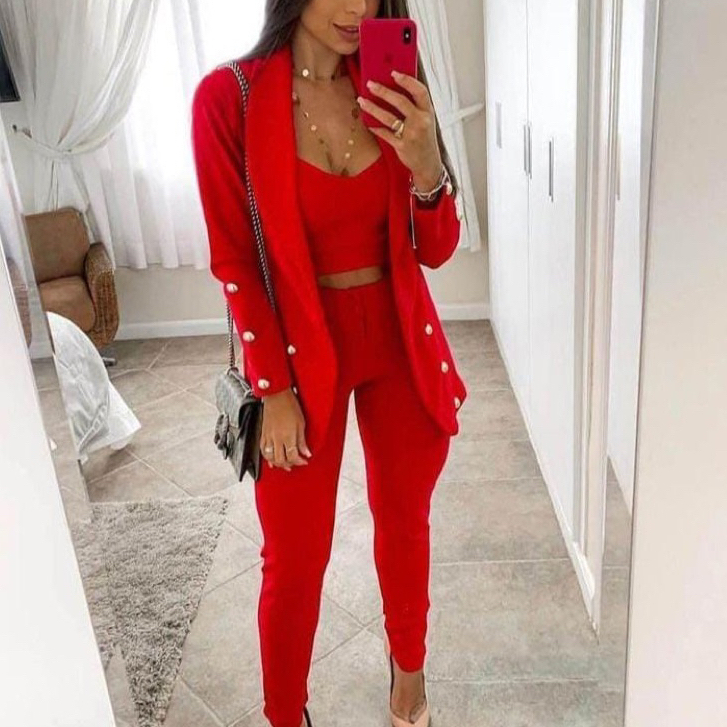Conjunto Social Feminino Blazer + Cropped + Calça com detalhes Conjuntinho Moda Luxo 3 peças — imagem 2 de 2