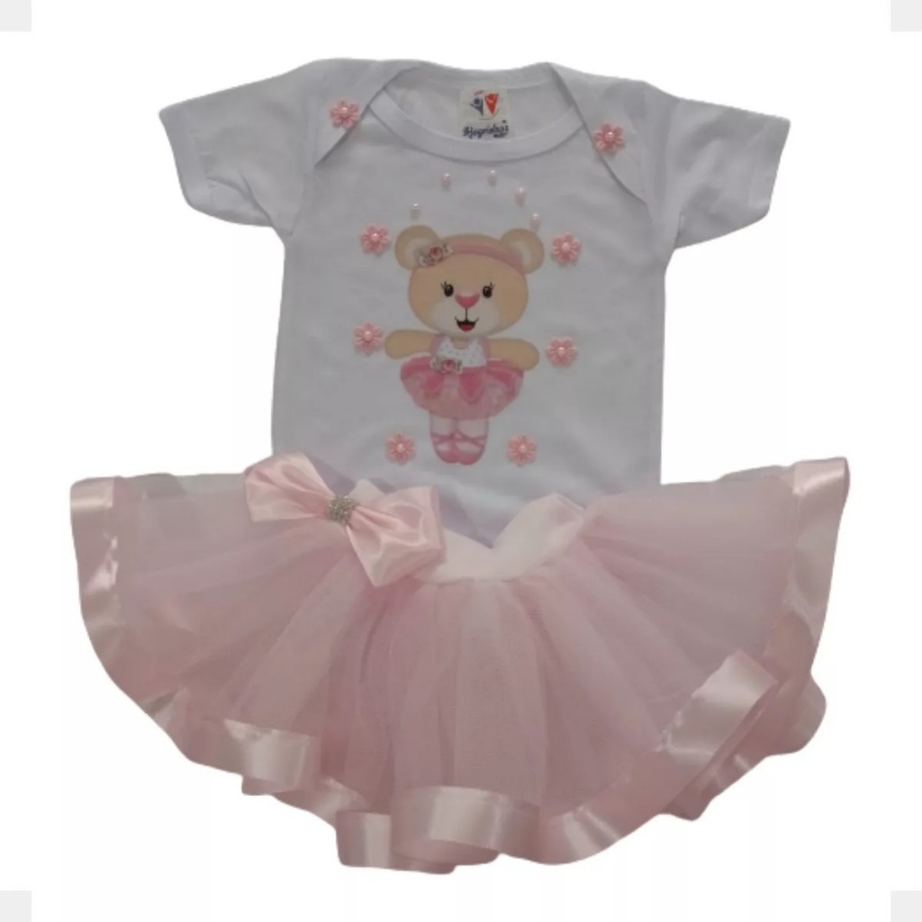 Conjunto Ursinha Bailarina, Festa De Bebê Ursinha Rosa Mesversario Aniversário Infantil Temático Body e Saia