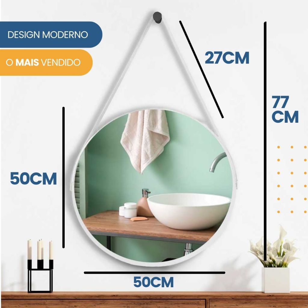 Kit 2 Espelhos Redondos Adnet 50cm com Alça de Couro com Suporte Decorativo para Banheiro, Sala, Quarto, Lavabo e Hall · foto 2
