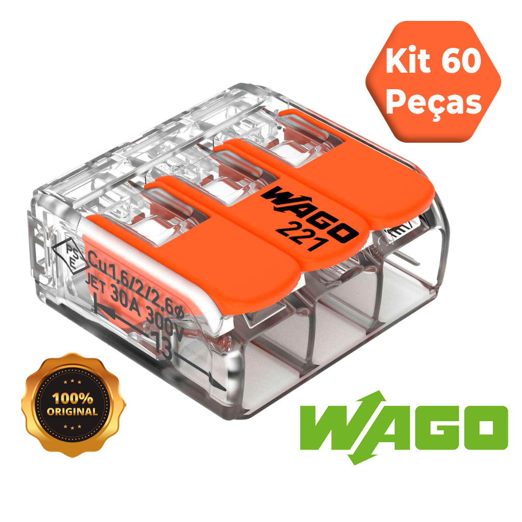 Conector de Fio Elétrico Wago 221-613 Conecor Wago Emenda 6mm 41A Conexão Automática Kit 60 Peças