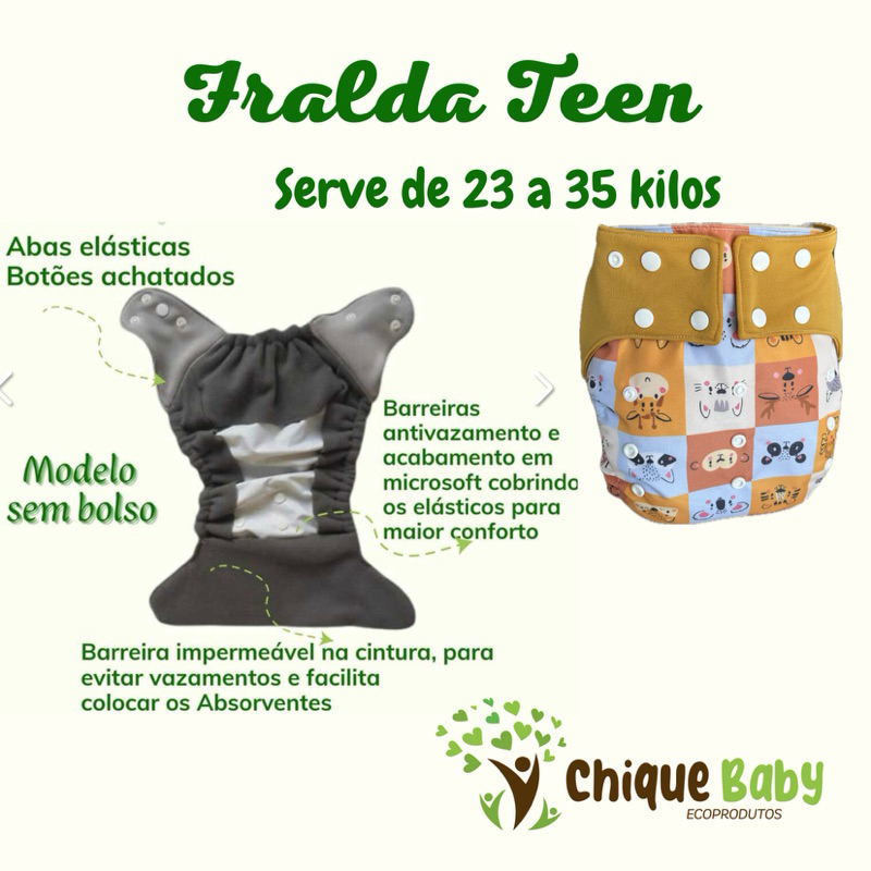 Fralda ecológica TEEN  avulsa de 23 a 35 kilos ou absorventes avulsos.