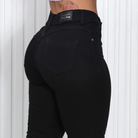 Calça Jeans Preta não Desbota Feminina Skinny Cós Alto Levanta Bumbum Com Lycra cintura alta