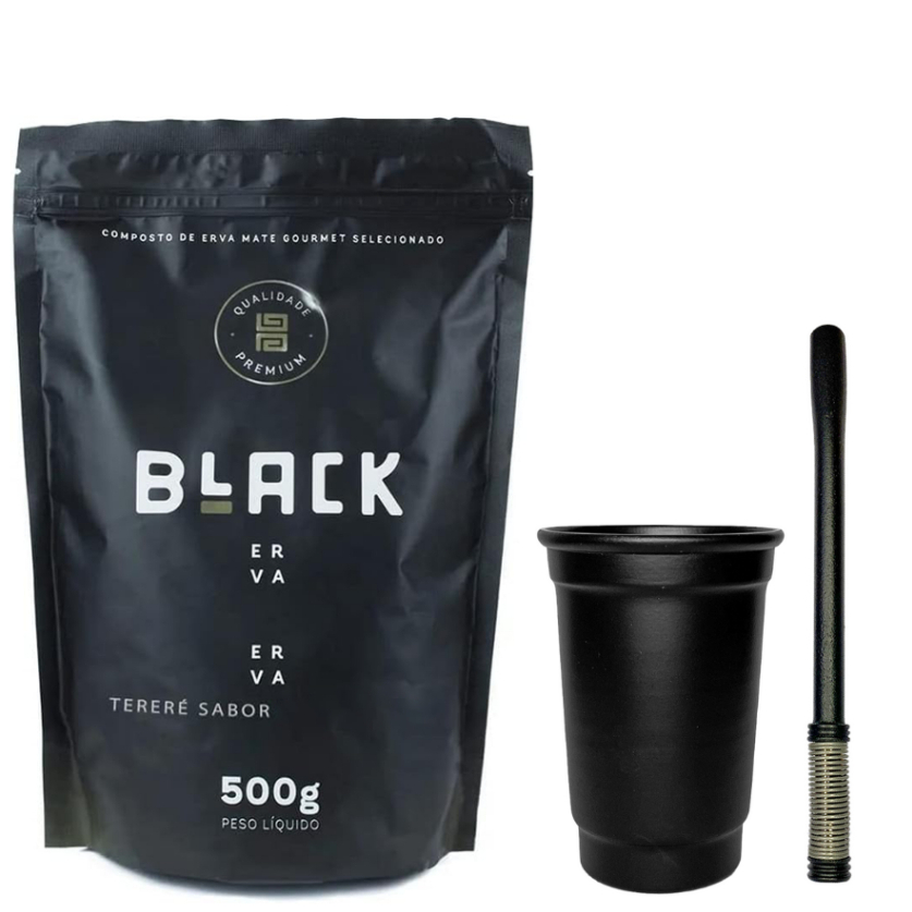 Kit Terere: Copo cuia alumínio 330 ml + Bomba Mola Externa Regulável Preta + Erva Mate Black Erva
