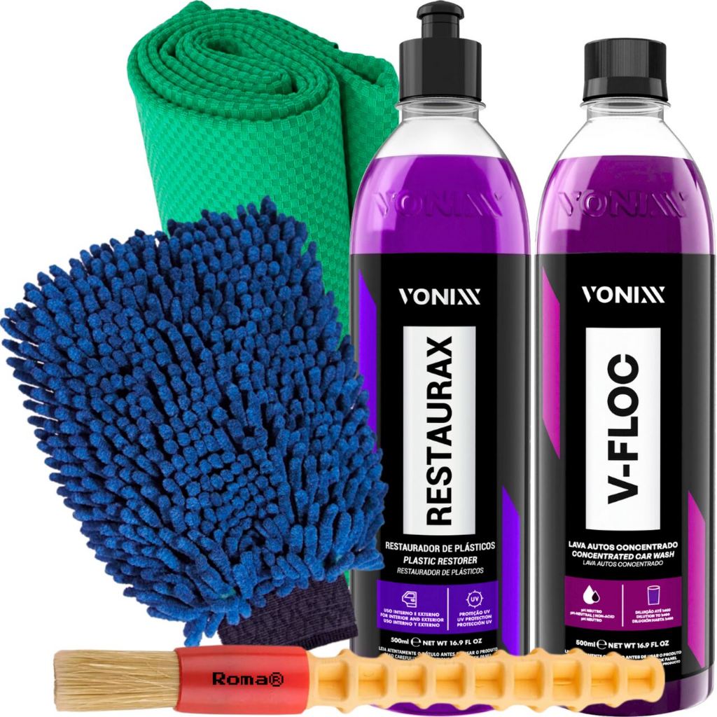 Kit Shampoo V-Floc Concentrado Lavagem Suave + Restaurax Renovador de Plásticos Vonixx em Oferta na Shopee