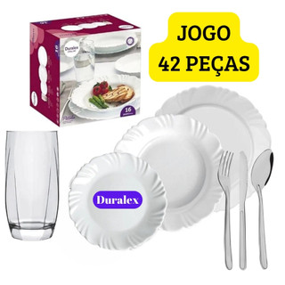 Aparelho Jantar 42 Peças Jantar C/ 06 Prato Vidro Duralex Fundo Petala+06 Raso+06 Sobremesa+06 Copos+18 Talheres Oriente