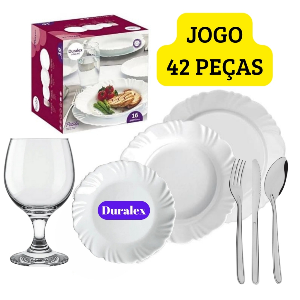 Conjunto Jantar 42 Peças 18 Pratos Pétala Vidro + Taça Gallant 220ML + 18 Talheres Aço Ino...