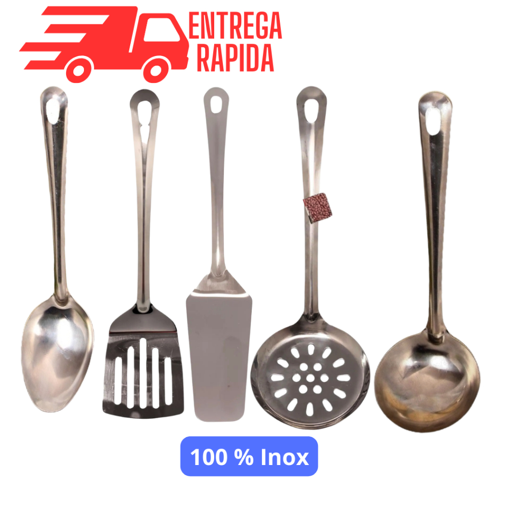 kit Utensílios de Cozinha 5 Peças em Aço Inox Concha Escumadeira Colher de Arroz Espátula e Espátula Vazada