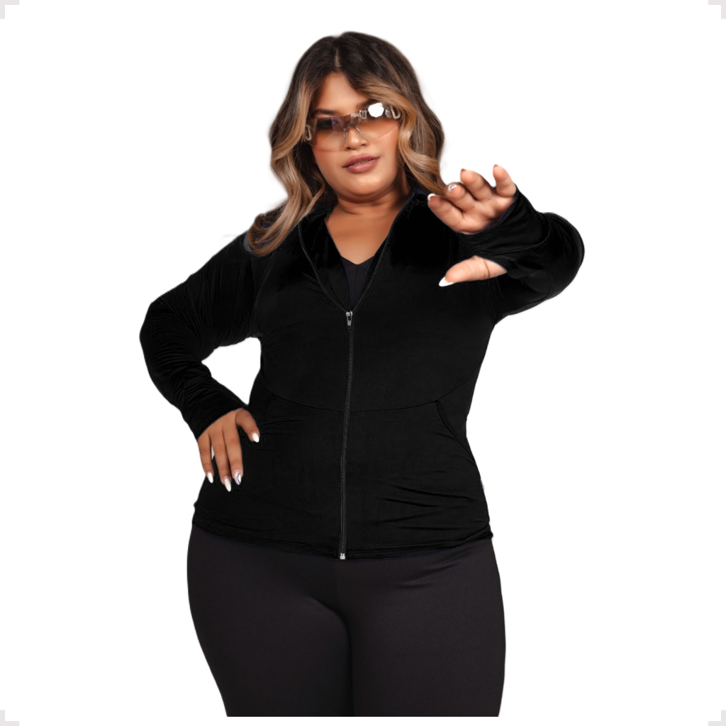 Jaqueta Fitness Preto Plus Size com Proteção UV e Zíper | Feminina | Juvenil em Oferta na Shopee