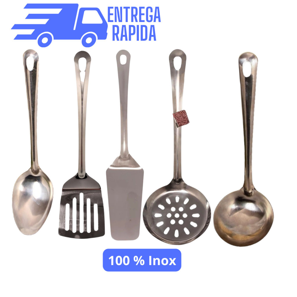 kit Utensílios de Cozinha 5 Peças Aço Inox Concha Escumadeira Colher de Arroz Espatula Espatula Vazada em Oferta na Shopee