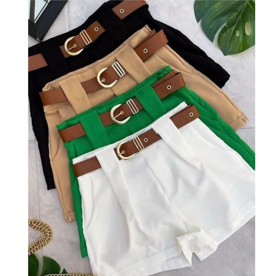 Short Alfaiataria Feminino Social Cintura Alta Com Cinto PROMOÇÃO