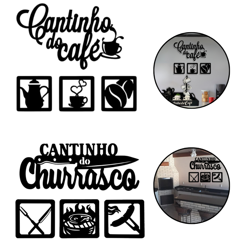 Kit Plaquinhas Aplique Cantinho do Café + Quadrinhos Aplique e Cantinho do Churrasco + Quadrinhos