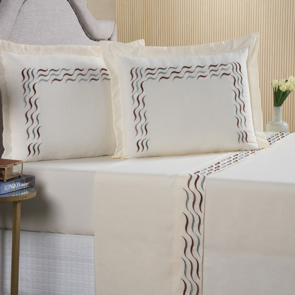 Jogo de Lençol Bordado 04 Peças Casal, Queen ou King 100% Algodão Percal Viena em Oferta na Shopee