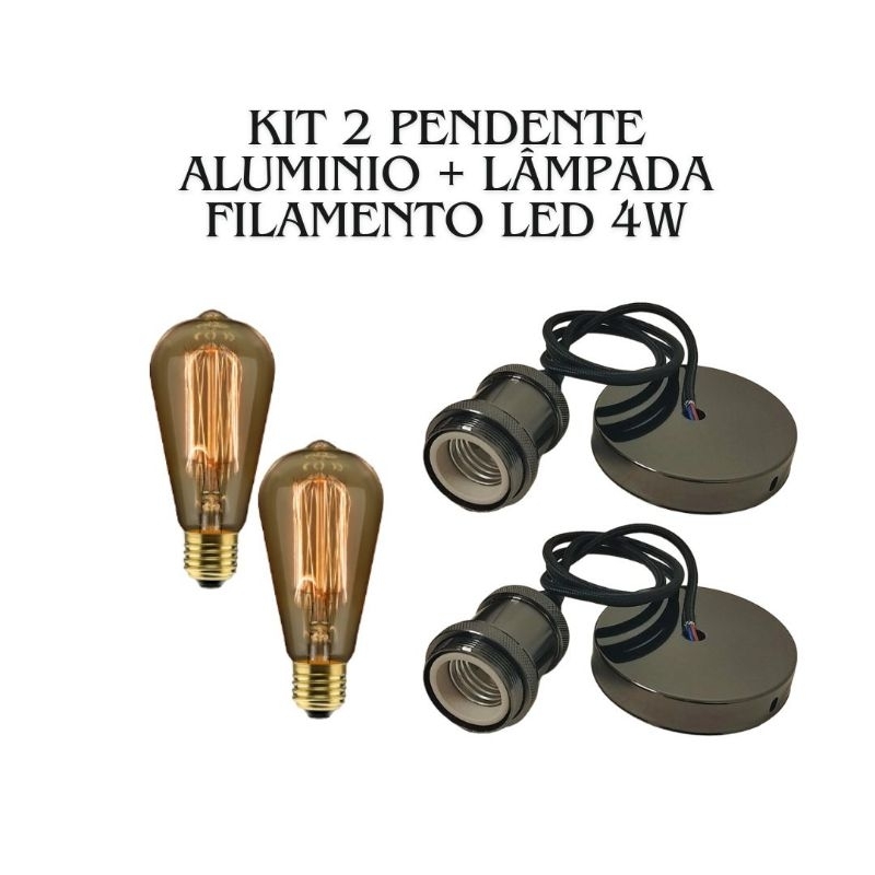 Kit 2 Pendente aluminio Retro Vintage + Lâmpada Filamento led 4w St64 Soquete E27 em Oferta na Shopee