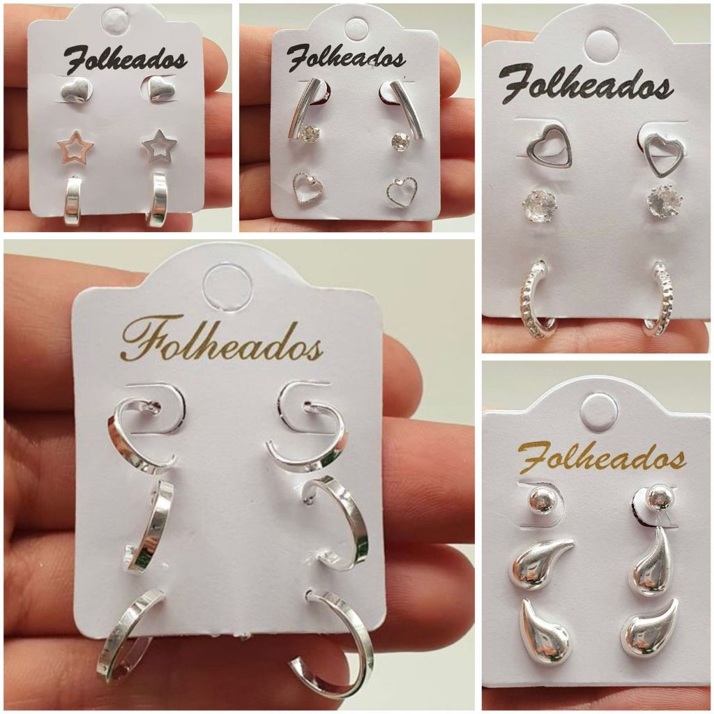 Kit 6 Pares de Brincos Trio Folheado Prata 925 e Ouro 18k em Oferta na Shopee