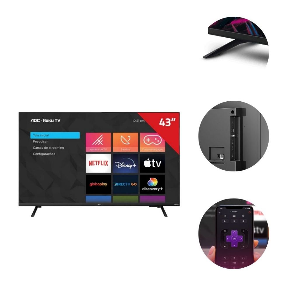 Smart Tv 43" 43S5135 AOC Streaming Full Hd Dual Band Roku Preta Bivolt
