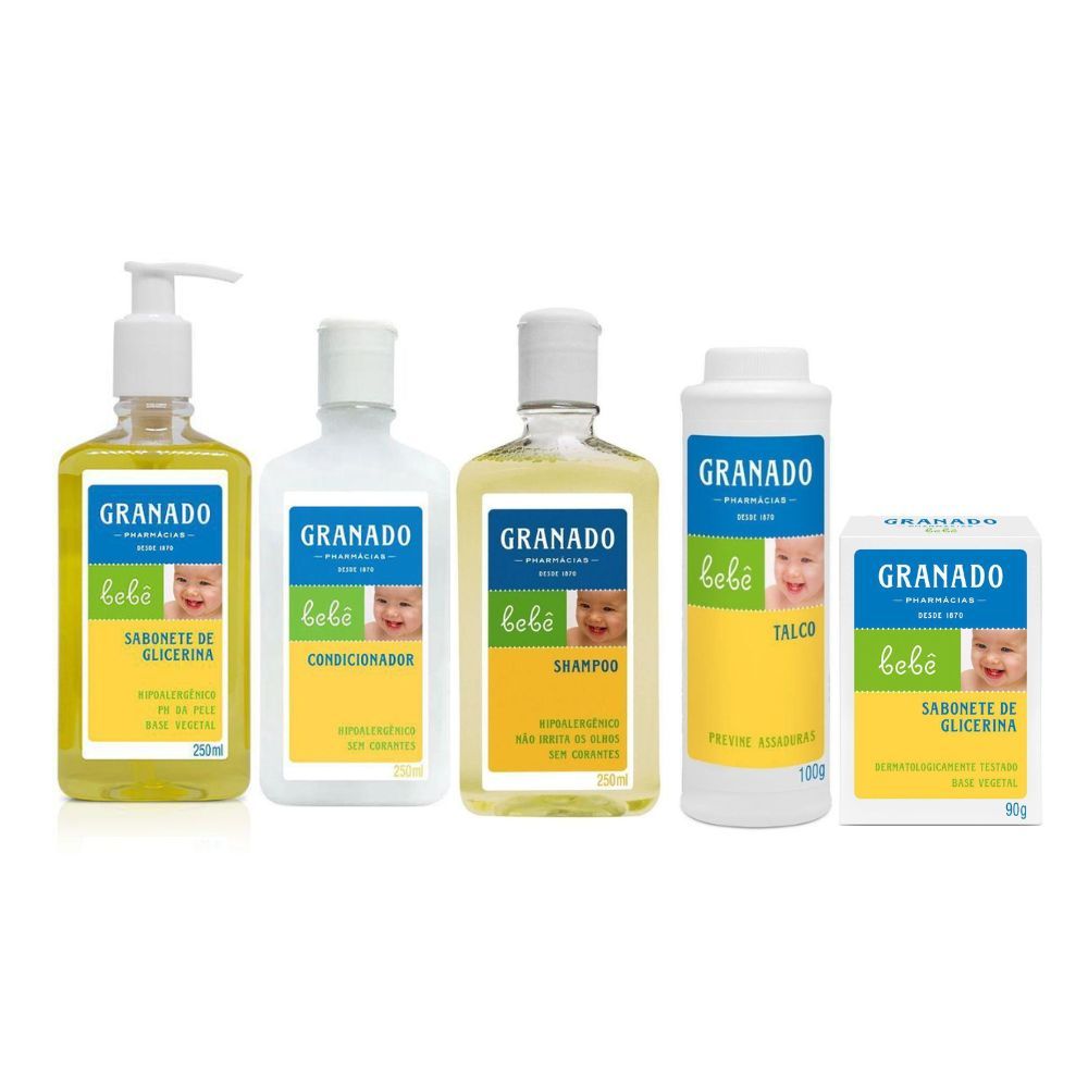 Kit Granado Bebê 05 Produtos (sabonete líquido, shampoo, condicionador, talco + barra)