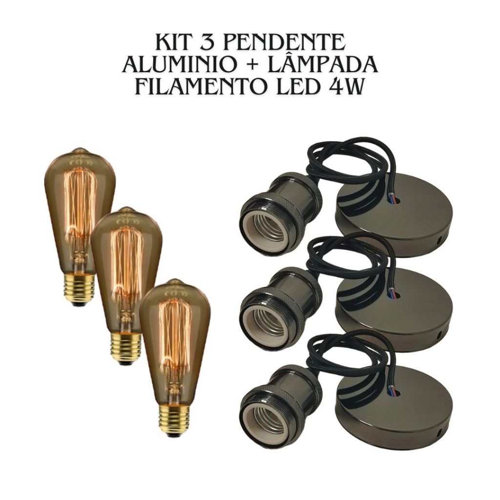 Kit 3 Pendente aluminio Retro Vintage + Lâmpada Filamento led 4w St64 Soquete E27 em Oferta na Shopee