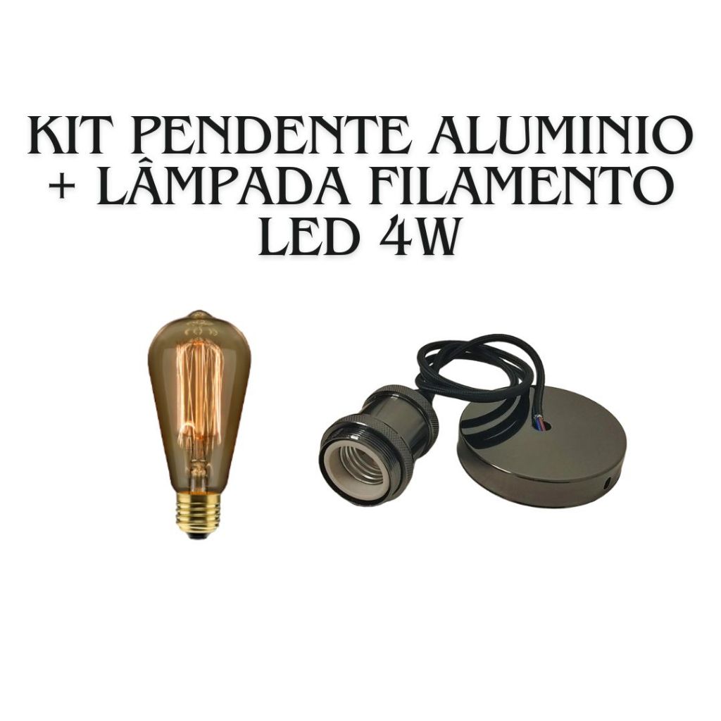 Kit Pendente aluminio Retro Vintage + Lâmpada Filamento led 4w St64 Soquete E27 em Oferta na Shopee