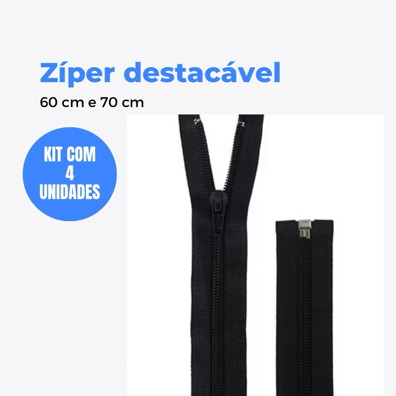 Zíper Nylon Destacável 60cm e 70cm (Kit Com 4 Unidades)