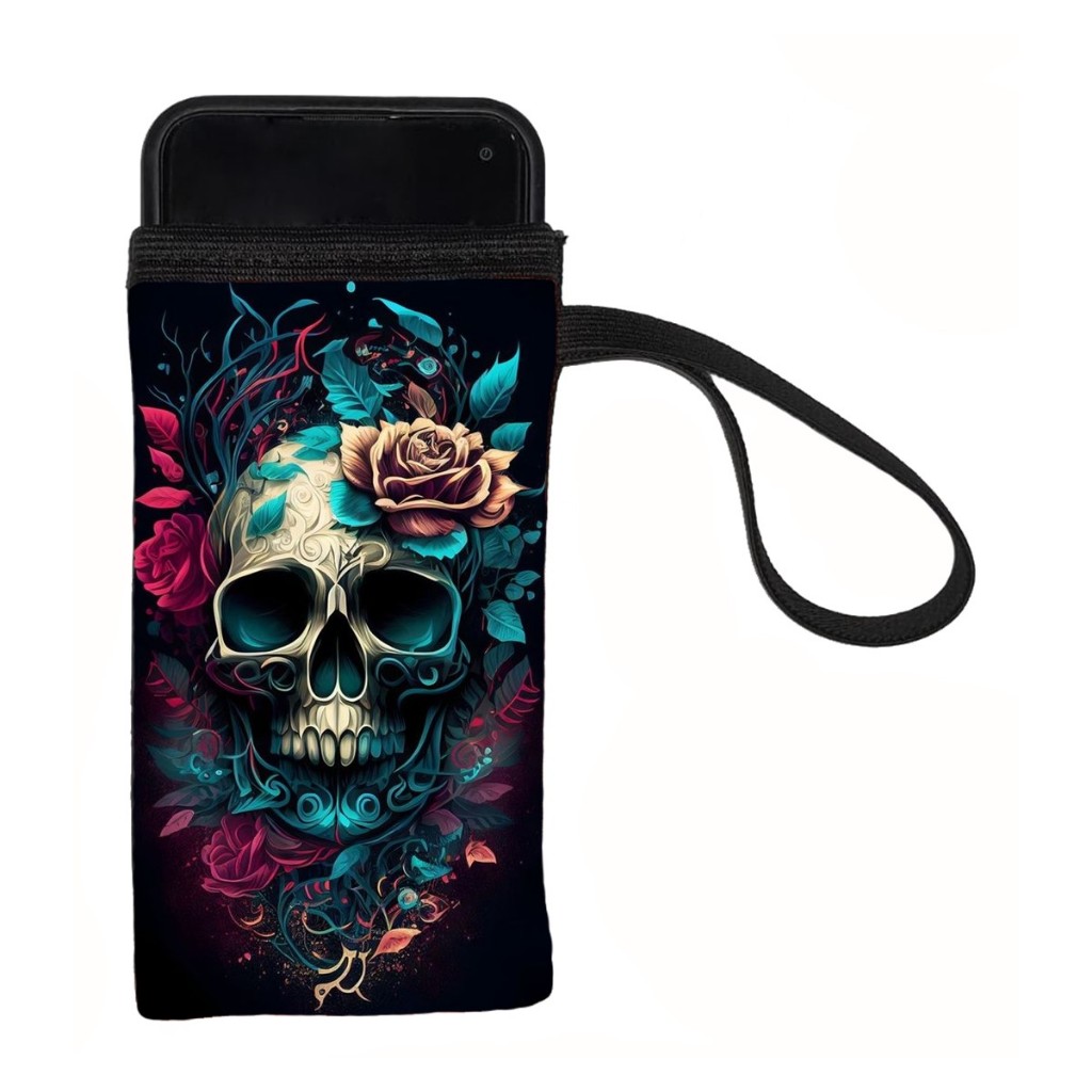 Capa Proteção Tecido Espumado Bolsinha para Celular Caveiras Floral