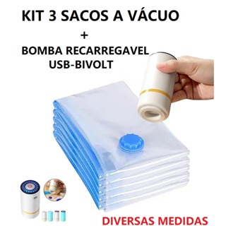 Conjunto 3 Sacos A Vácuo E Bomba De Ar Recarregável Manual Bivolt E Usb Diversos Tamanhos Multiuso em Oferta na Shopee