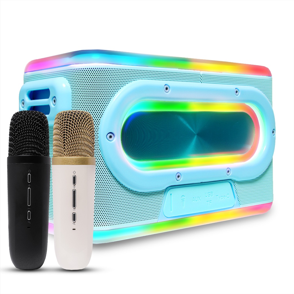 Caixa De Som Bluetooth Karaokê Microfone Duplo Led RGB Aprova D'Agua TWS Acústica 360° Aux P2 P10 Usb Tipo-C