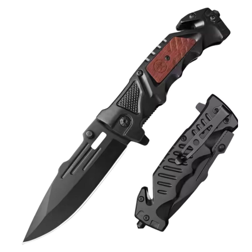 Canivete Retrátil Portátil De Bolso Faca Camping Pesca Caça Cor Preto/Madeira