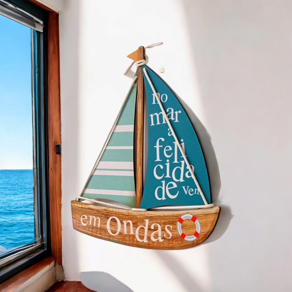 Placa Decorativa - Barco Felicidade Em Ondas Praia Casa em Oferta na Shopee
