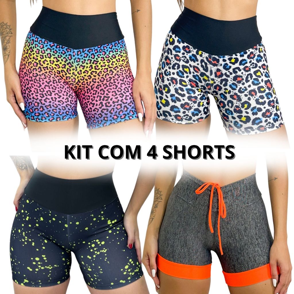 kit com 4 Short Fitness academia malhação Cós Alto estampado suplex