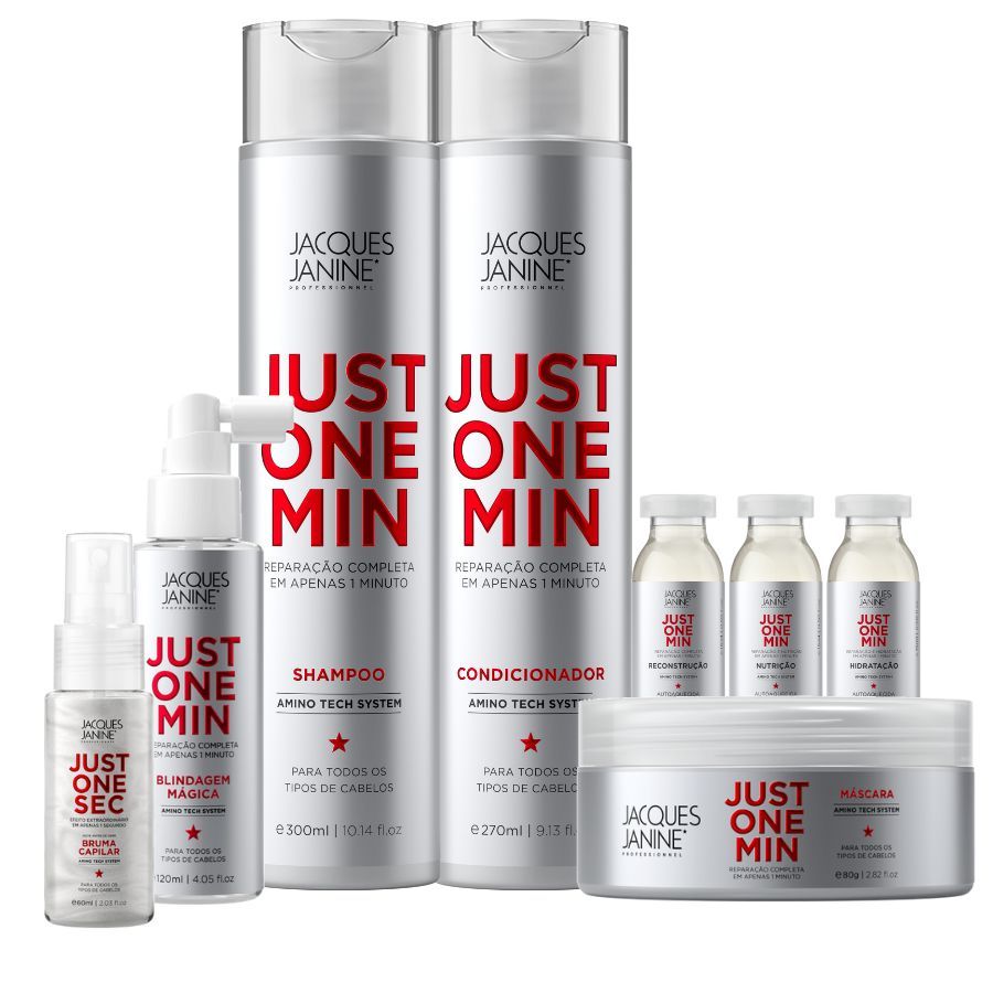 Kit Jacques Janine Just One Min Shampoo 300ml Condicionador Máscara 80g 3 Ampola