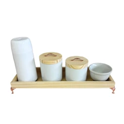 kit higiene bebe porcelana bandeja 4 peças com pezinho e puxador rose decoração quartinho infantil delicado
