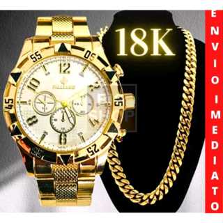 Relógio Masculino Aço Inox + Corrente Aço Metal Cromada RN0002 em Oferta na Shopee