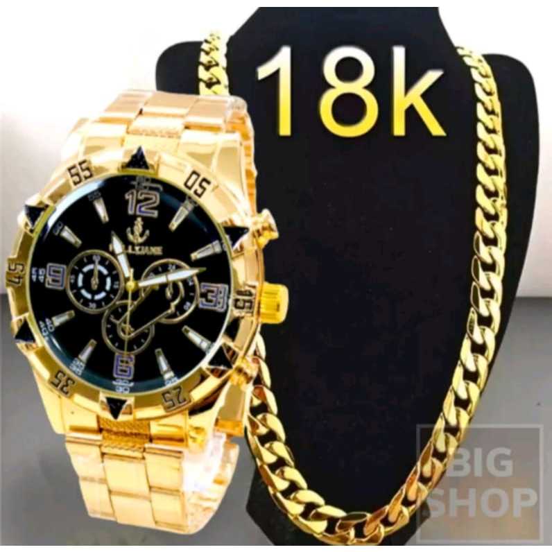 Relógio Masculino Dourado Preto Aço De Pulso + Corrente Metal Aço RN0002 em Oferta na Shopee