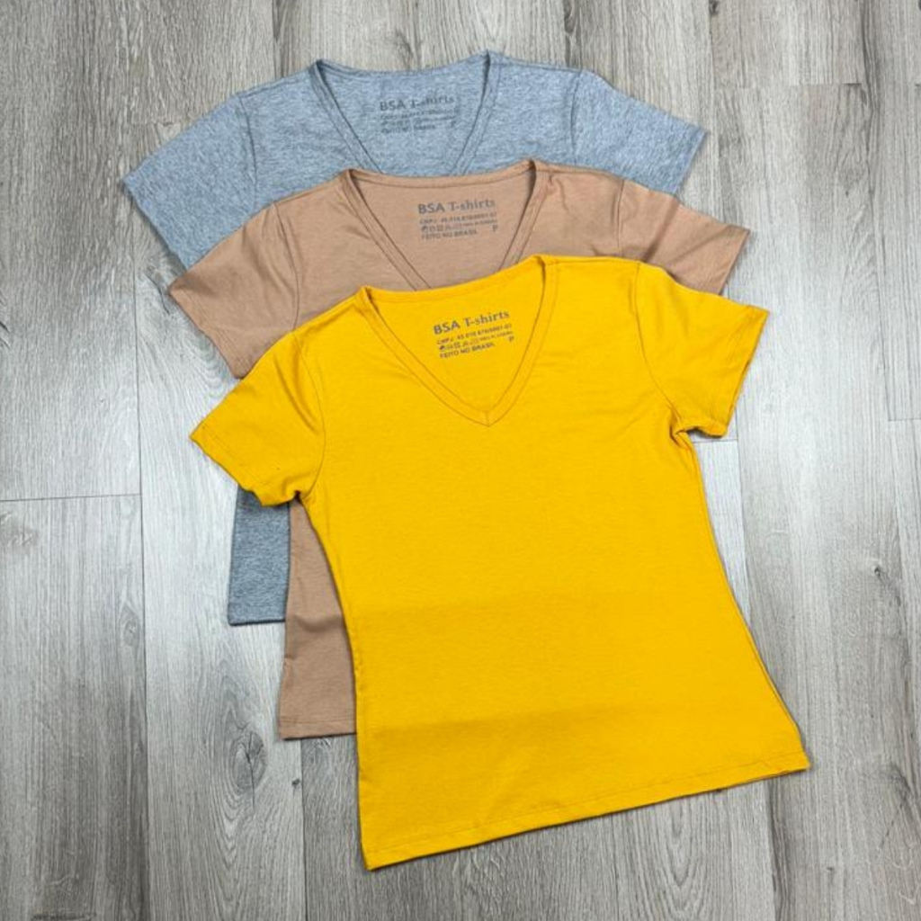 Kit 3 T-shirt Gola V Blusinha Camiseta Feminina Lisa Básica 100% Algodão