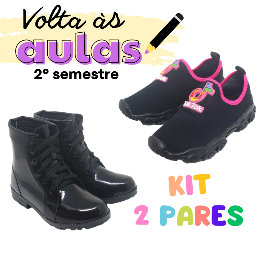 Kit 2 Pares Volta Às Aulas Coturno Verniz Cano Médio Tênis Infantil Menina Calce Fácil Dia Dia