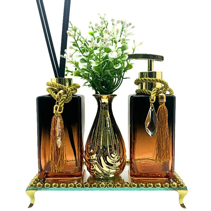 KIT LAVABO SUPER LUXO ROSE COM AROMATIZADOR SABONETEIRA VASO DE FLORES